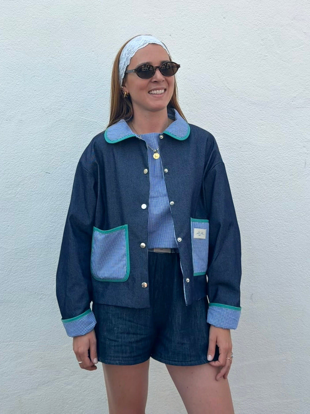 Veste réversible Vichy/jeans/biais vert