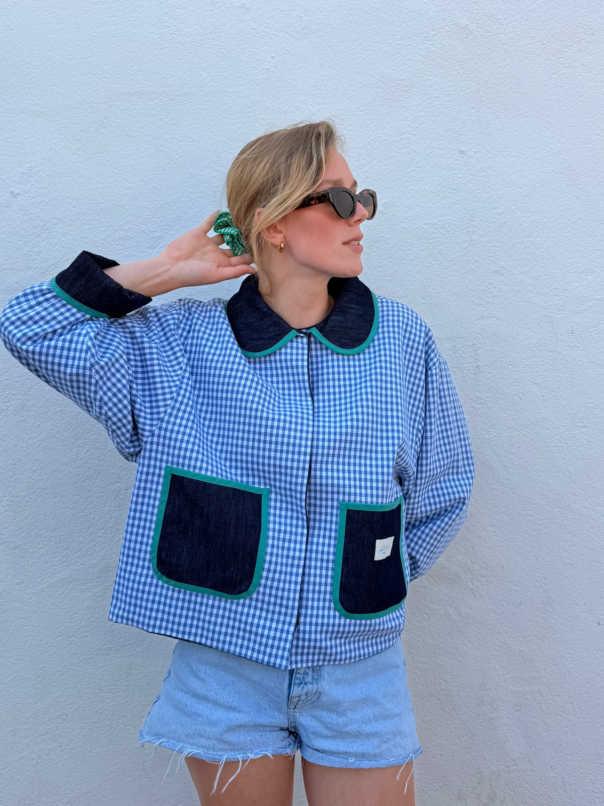 Veste réversible Vichy/jeans/biais vert