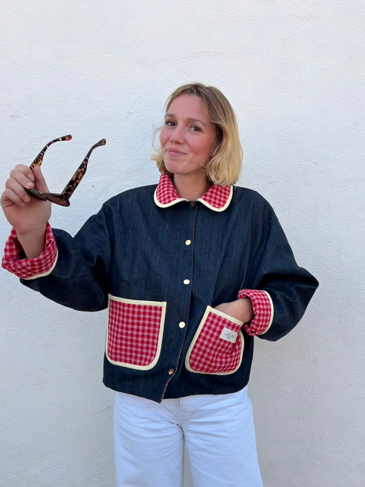 Veste réversible Vichy rose/jeans