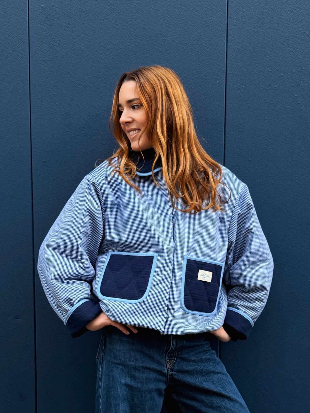 Veste réversible matelassée bleu/vichy bleu