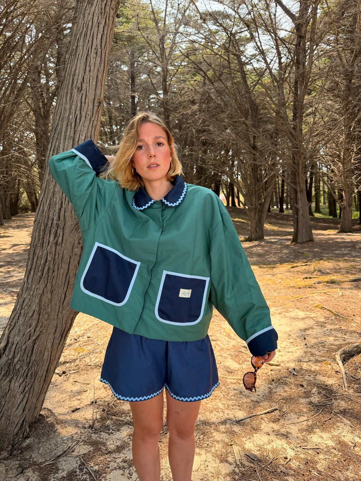 Veste réversible coton bleu/vert/biais et croquet bleu ciel