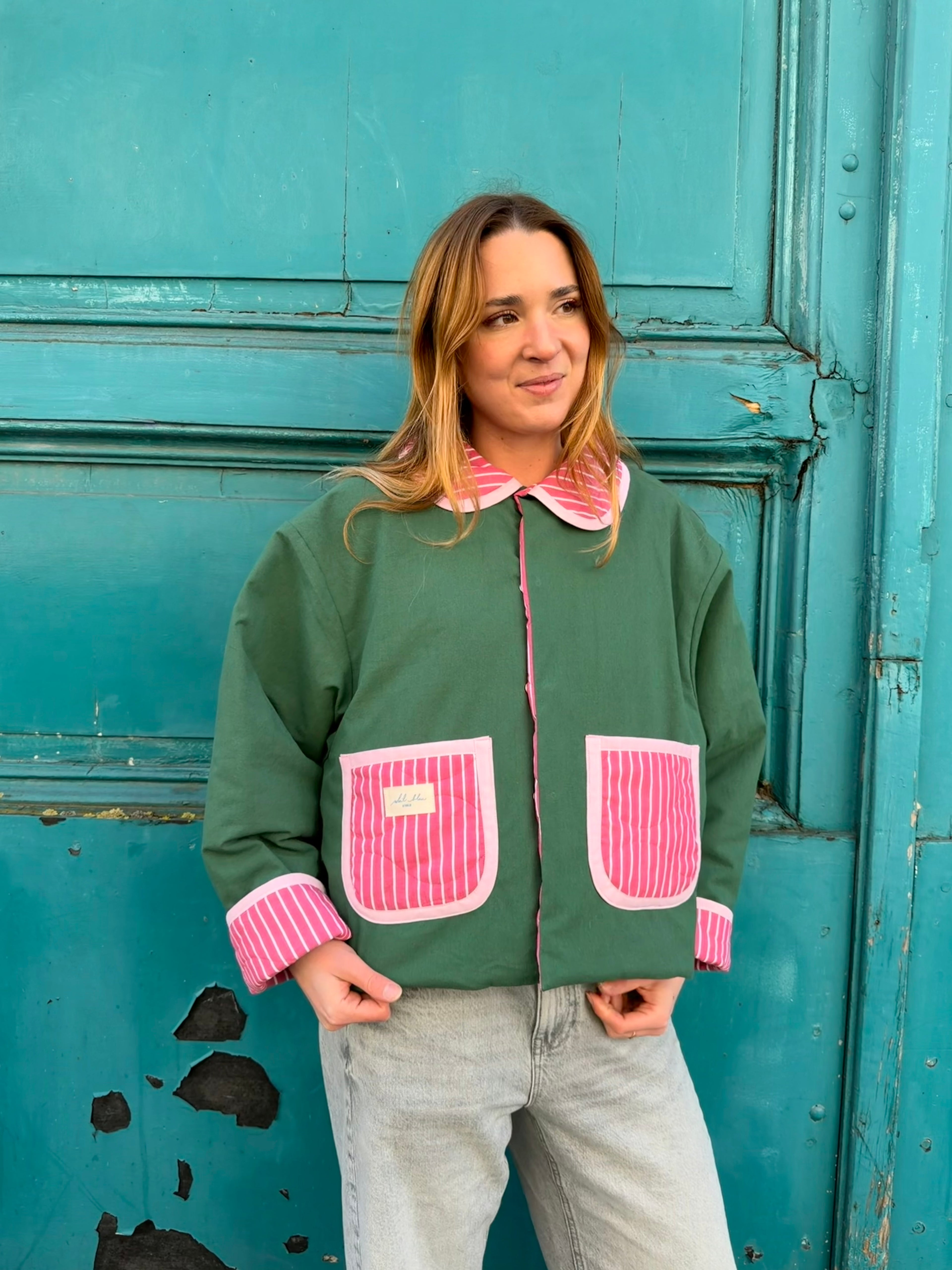 Veste réversible matelassée rose/vert
