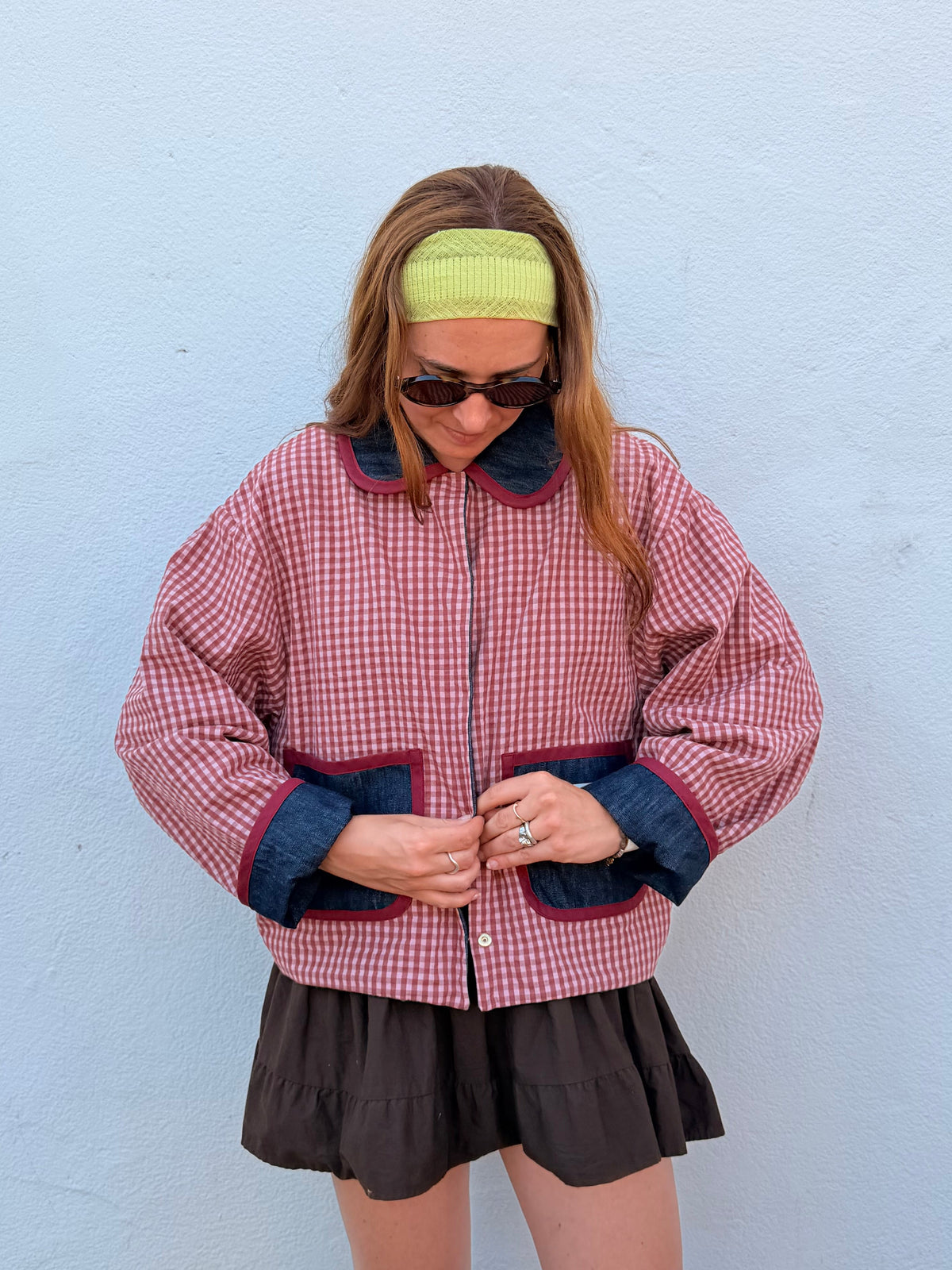 Veste réversible Vichy rose/jeans/biais bordeaux