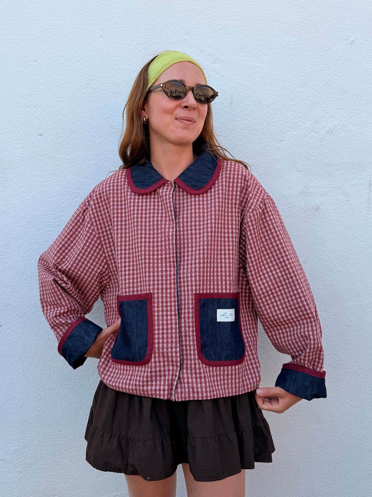Veste réversible Vichy rose/jeans/biais bordeaux
