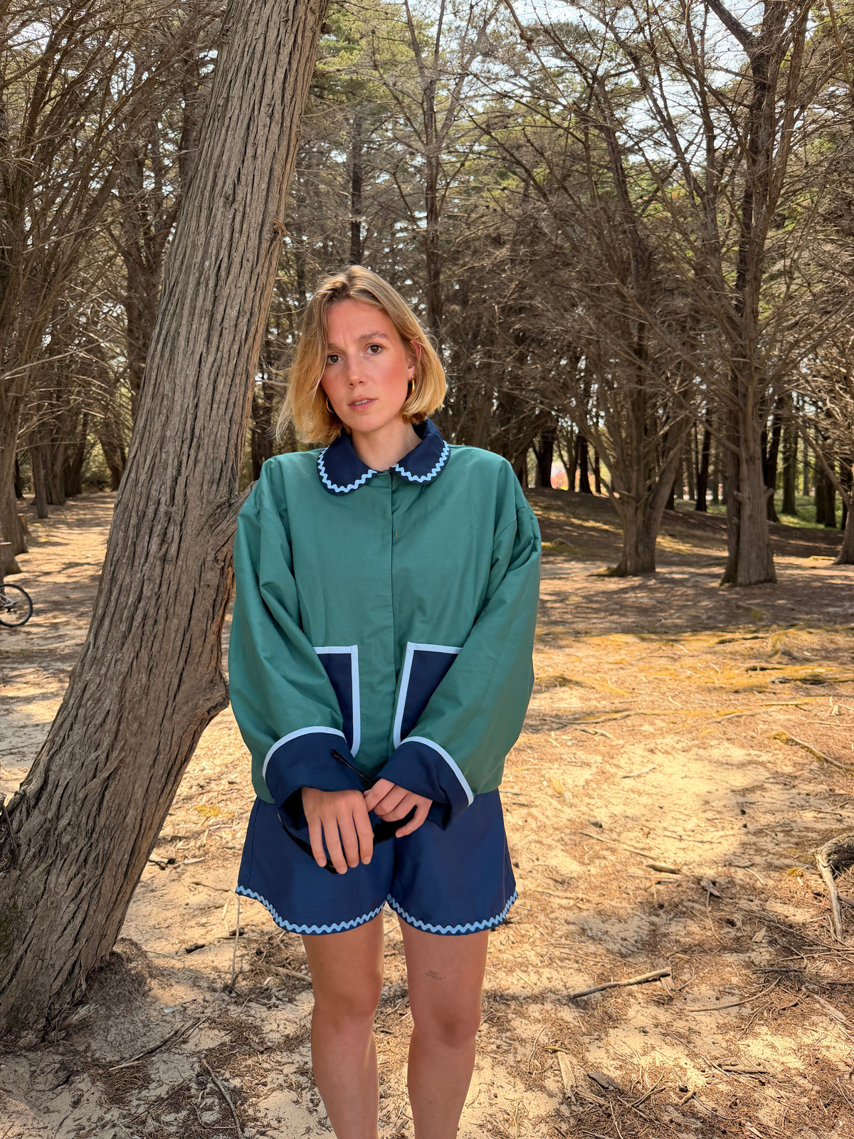 Veste réversible coton bleu/vert/biais et croquet bleu ciel