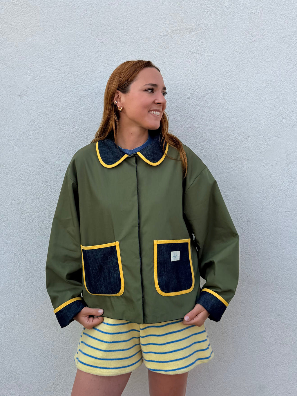 Veste réversible jeans/kaki deperlant/biais jaune