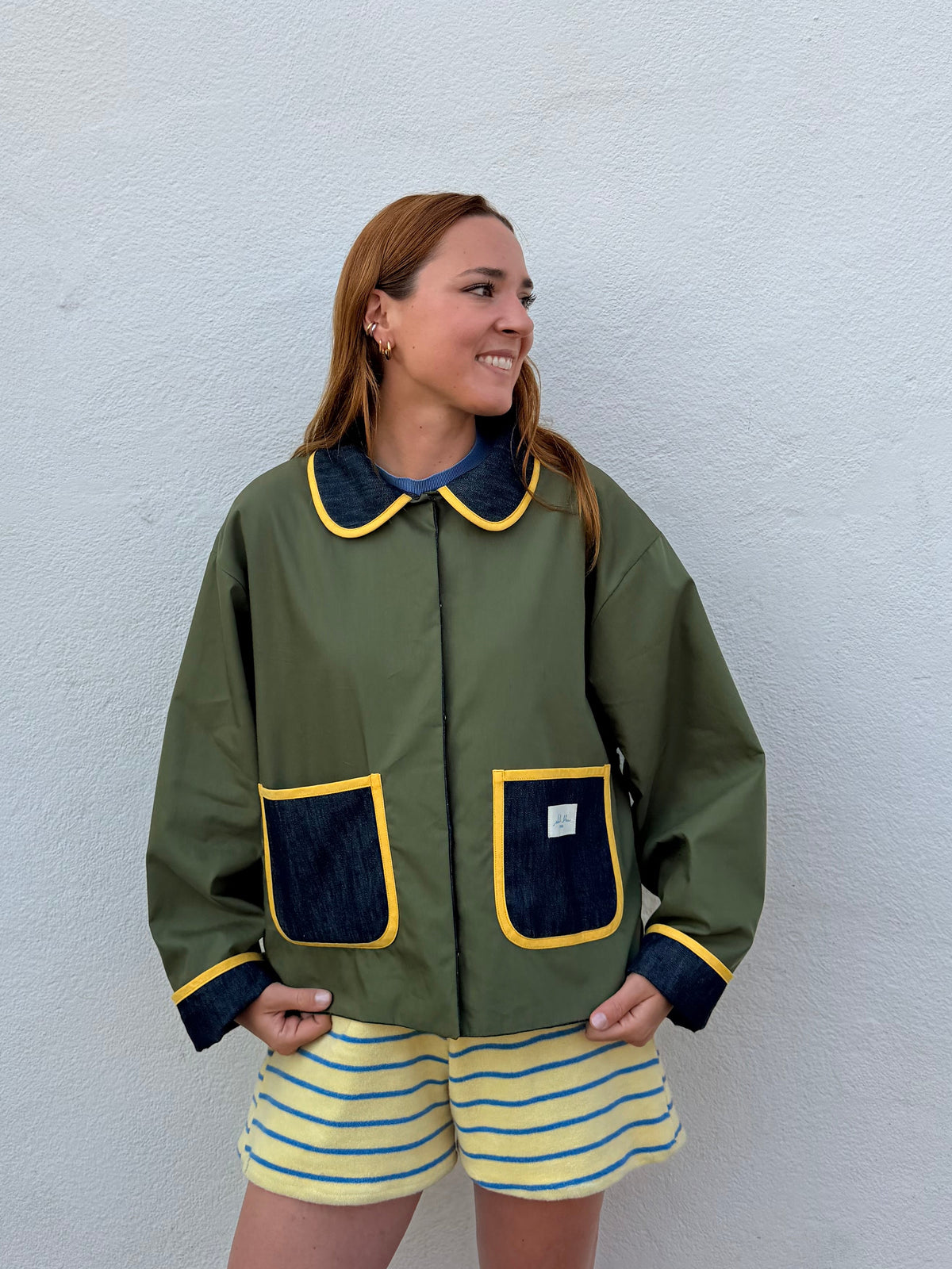 Veste réversible jeans/kaki deperlant/biais jaune