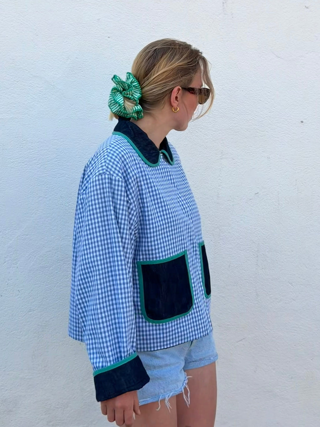 Veste réversible Vichy/jeans/biais vert