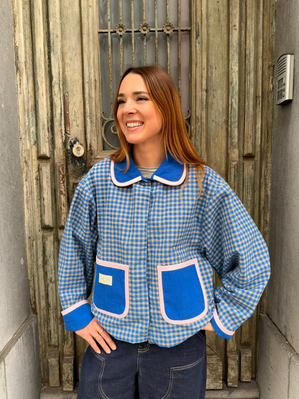 Veste réversible bleu/vichy bleu