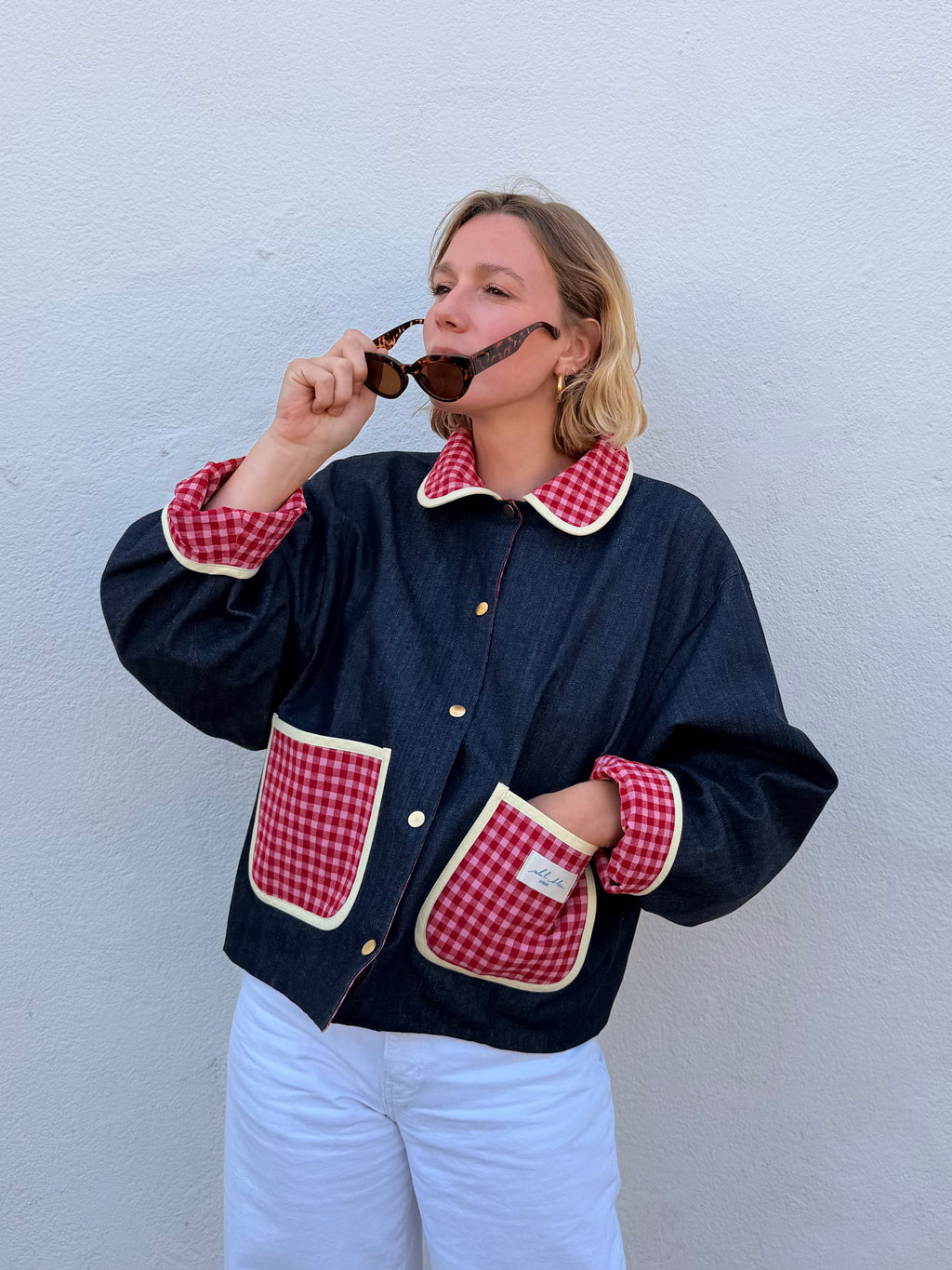 Veste réversible Vichy rose/jeans