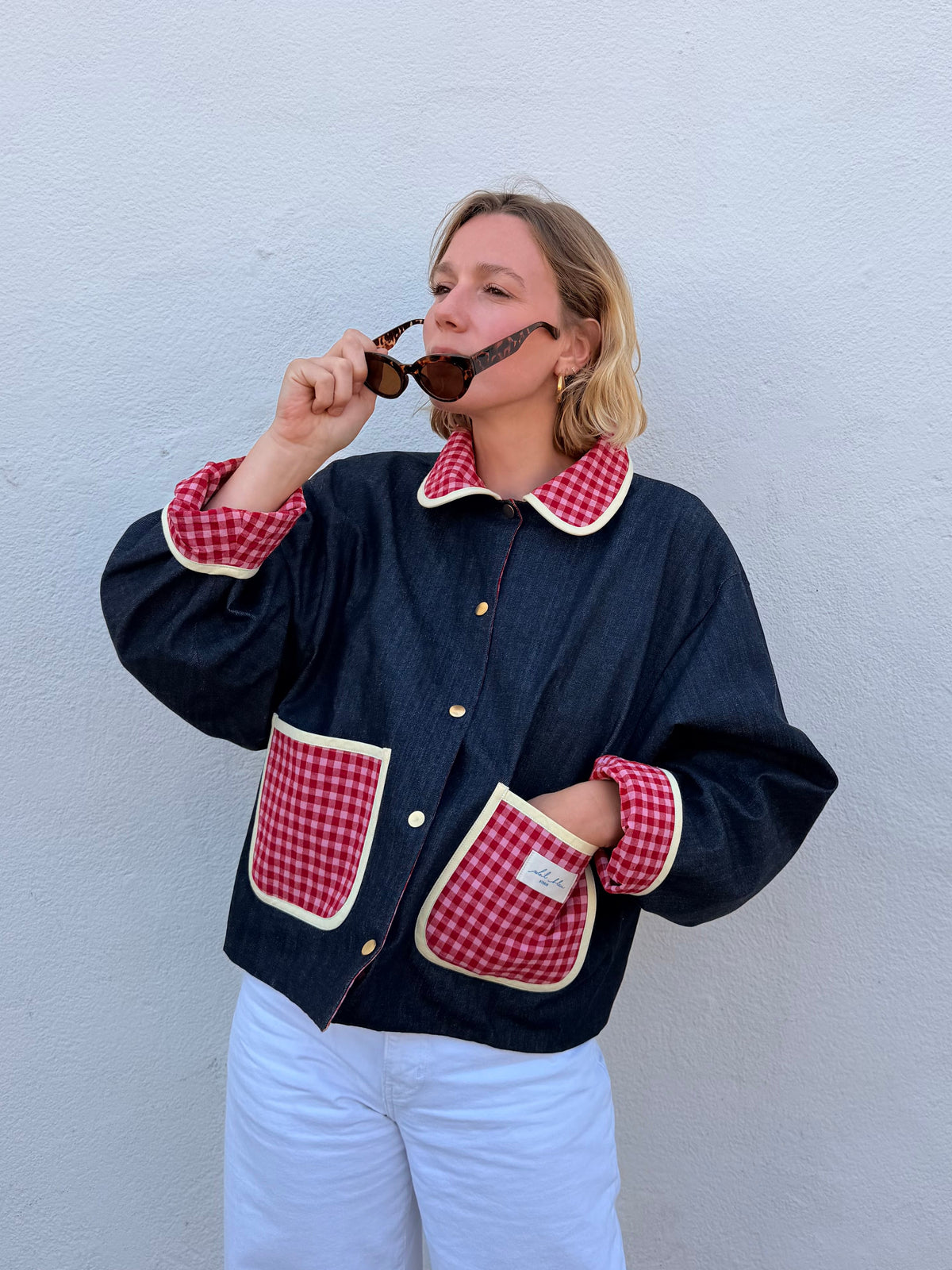 Veste réversible Vichy rose/jeans