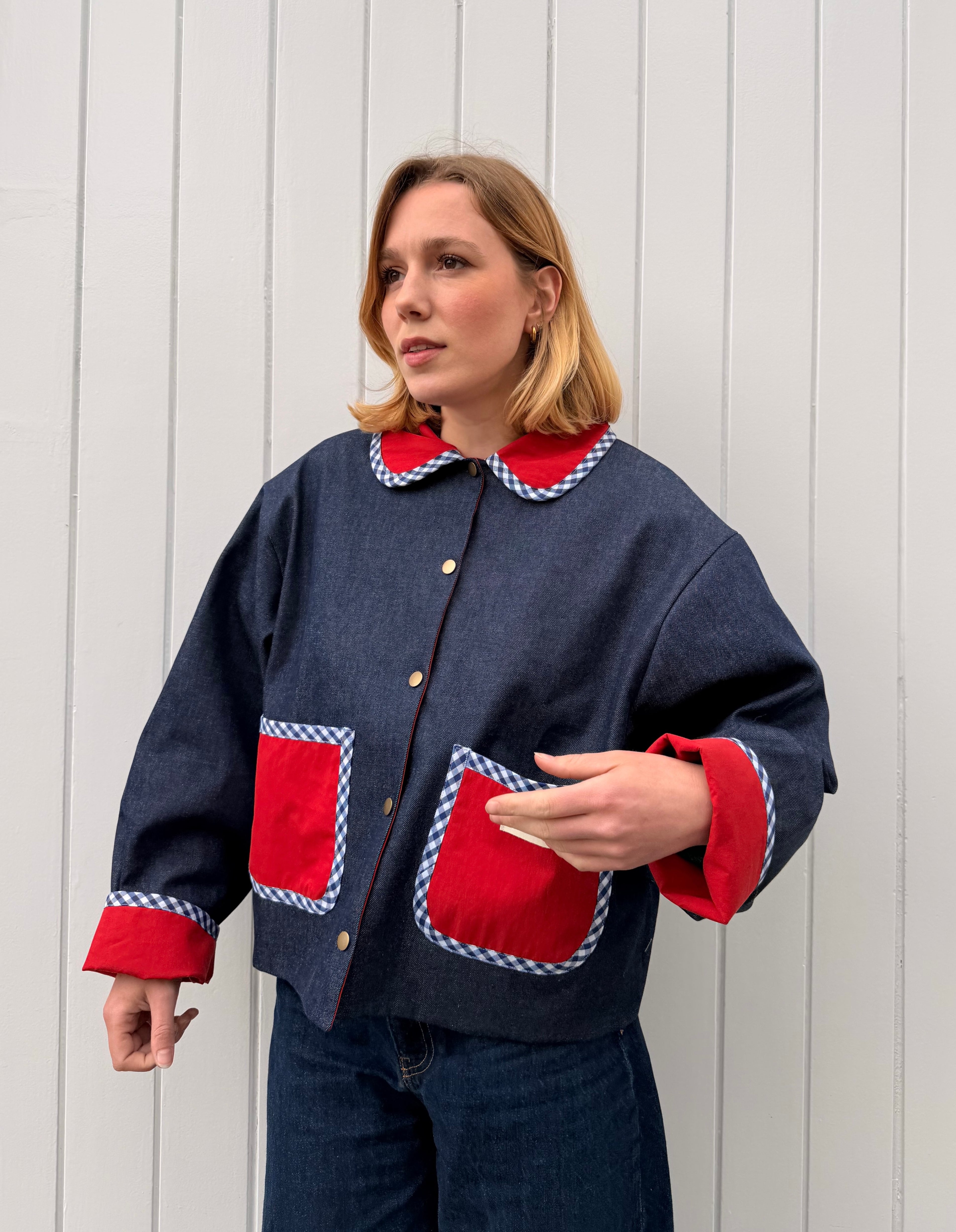 Veste réversible rouge/jeans