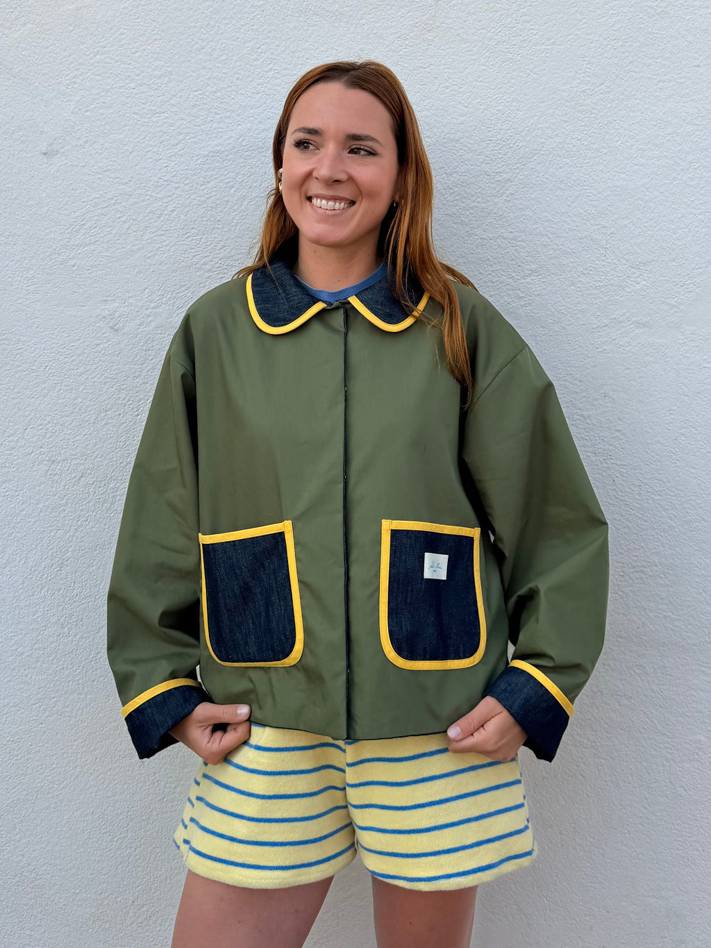 Veste réversible jeans/kaki deperlant/biais jaune