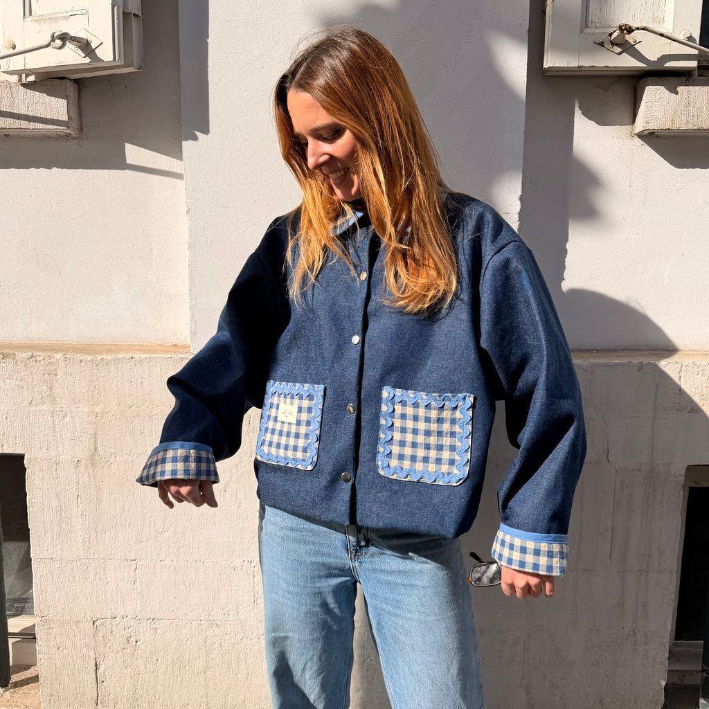 Veste réversible vichy bleu/jeans