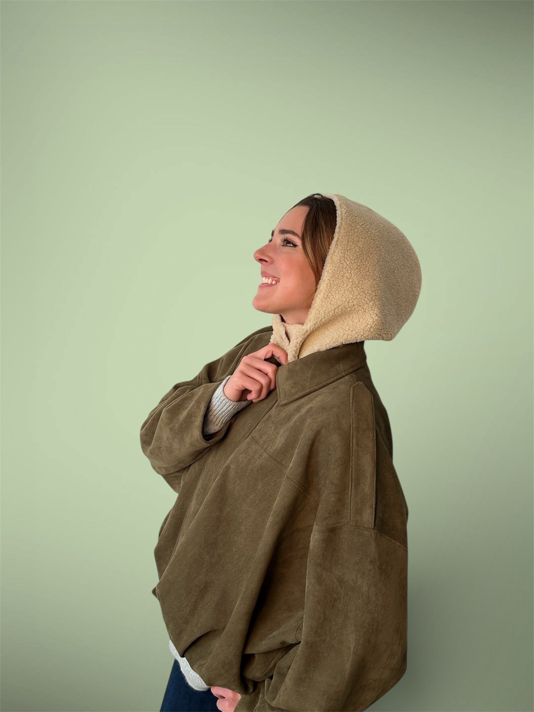 Capuche sherpa beige/rayé verte