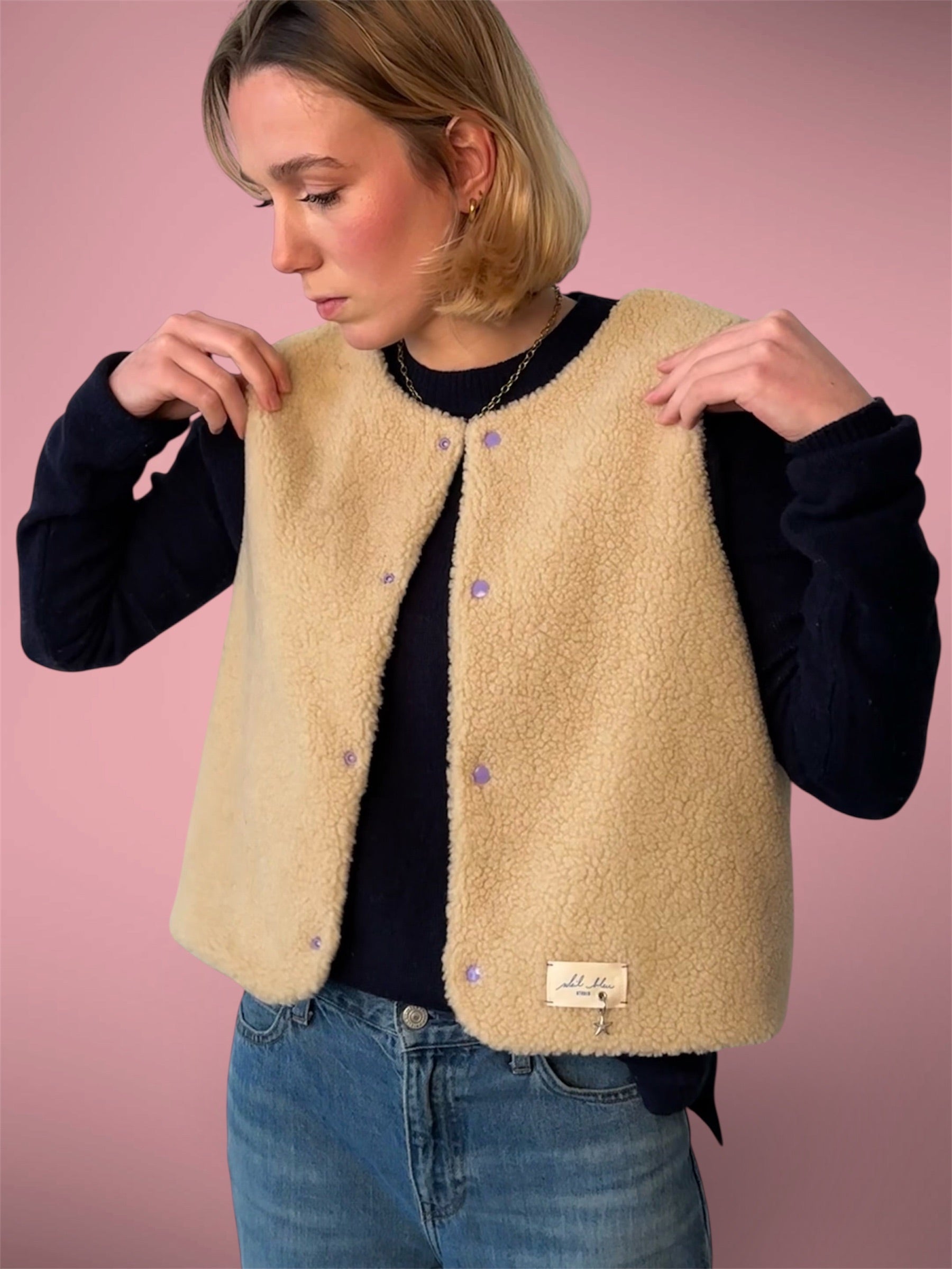 Gilet sherpa beige/mauve