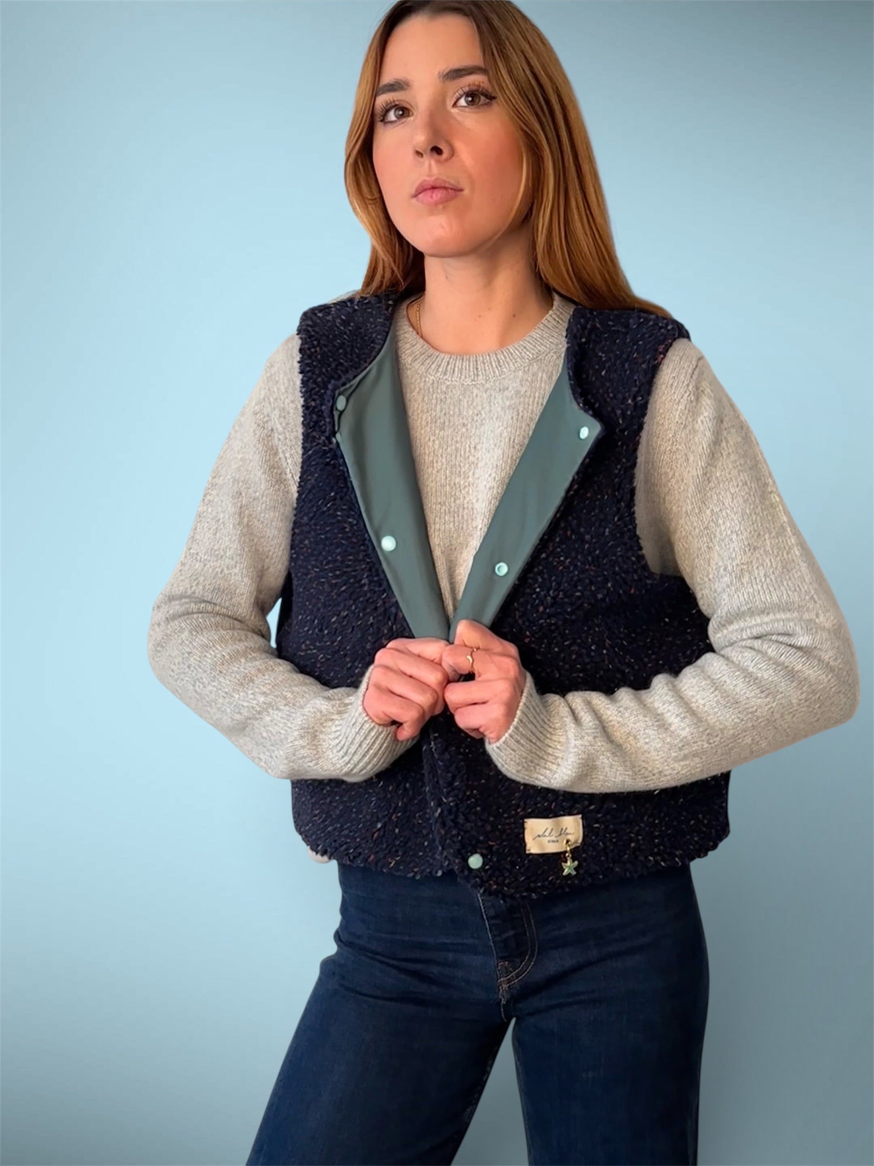 Gilet sherpa moucheté marine/vert canard