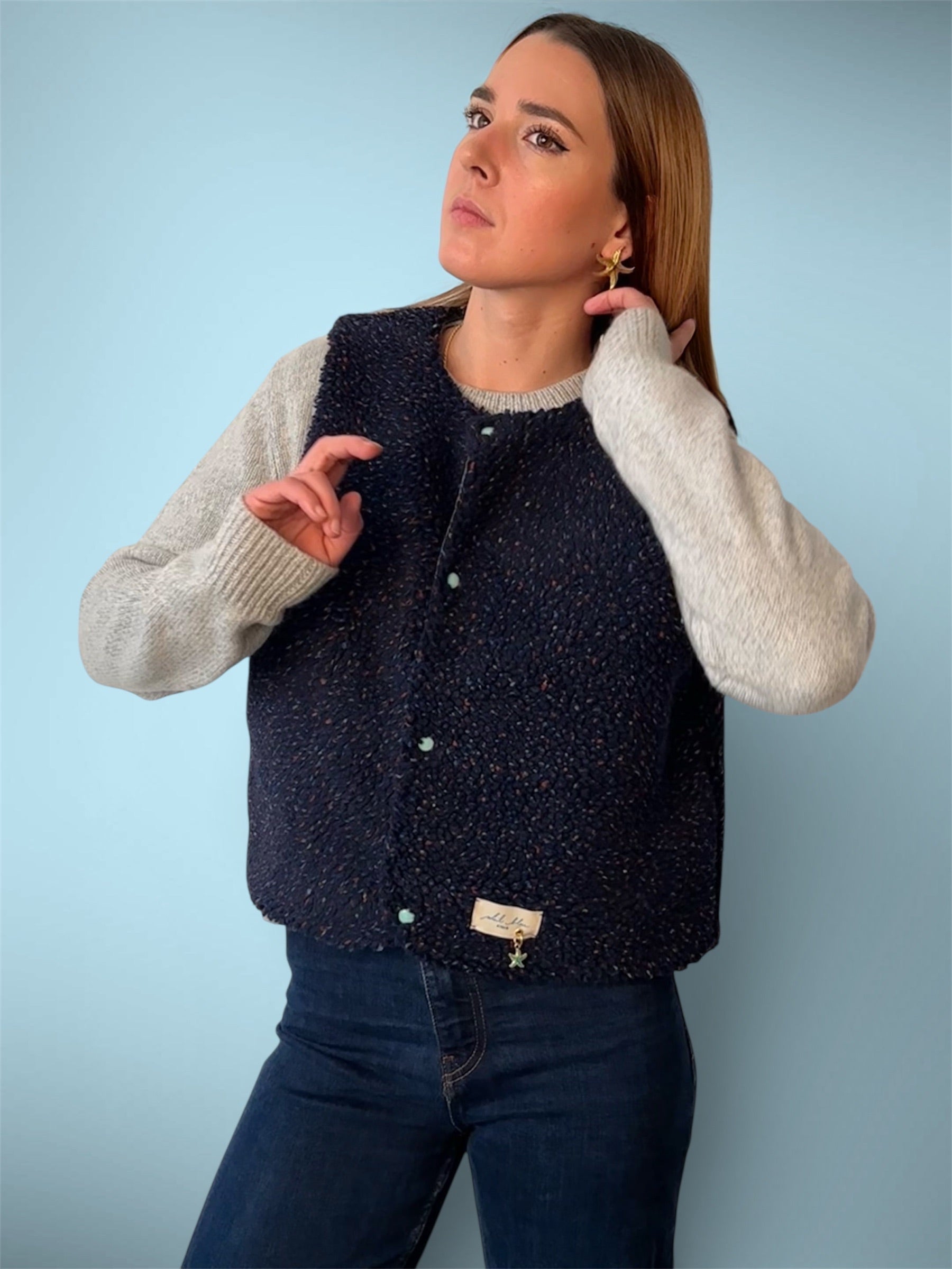 Gilet sherpa moucheté marine/vert canard