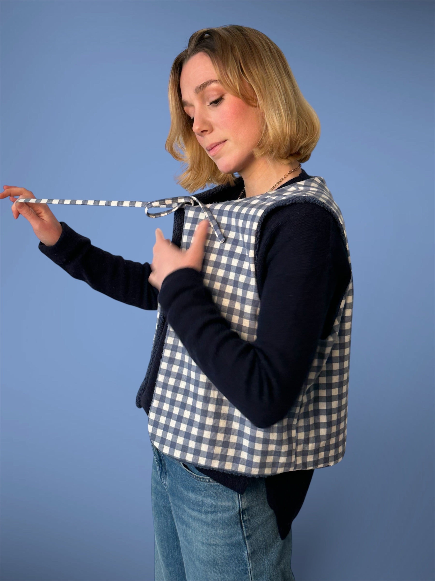 Gilet sherpa bleu/vichy bleu