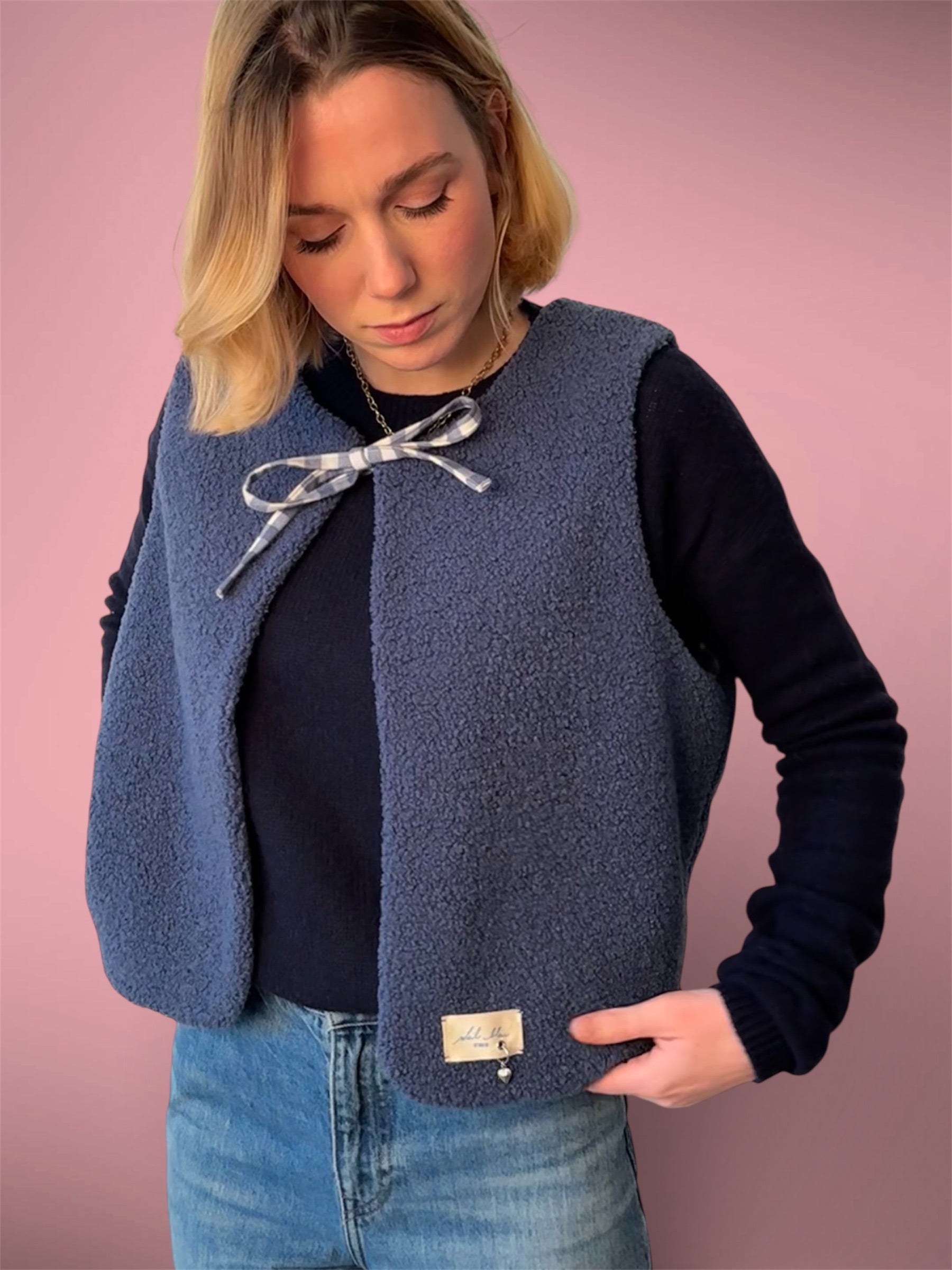 Gilet sherpa bleu/vichy bleu