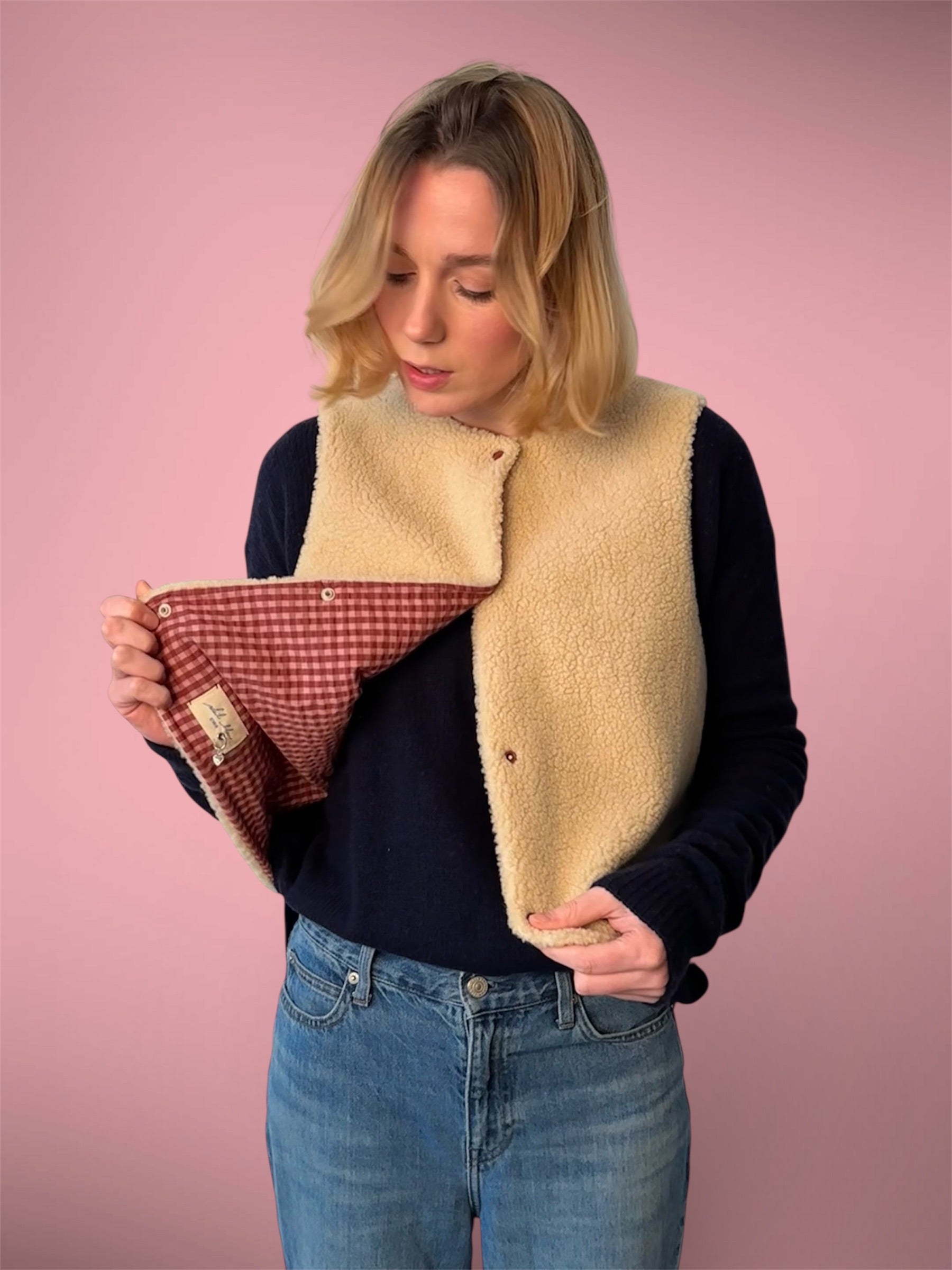 Gilet vichy rose/sherpa beige