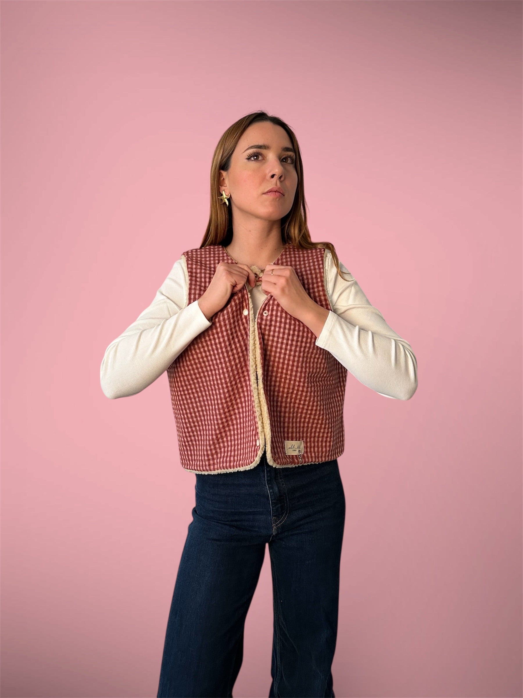Gilet vichy rose/sherpa beige