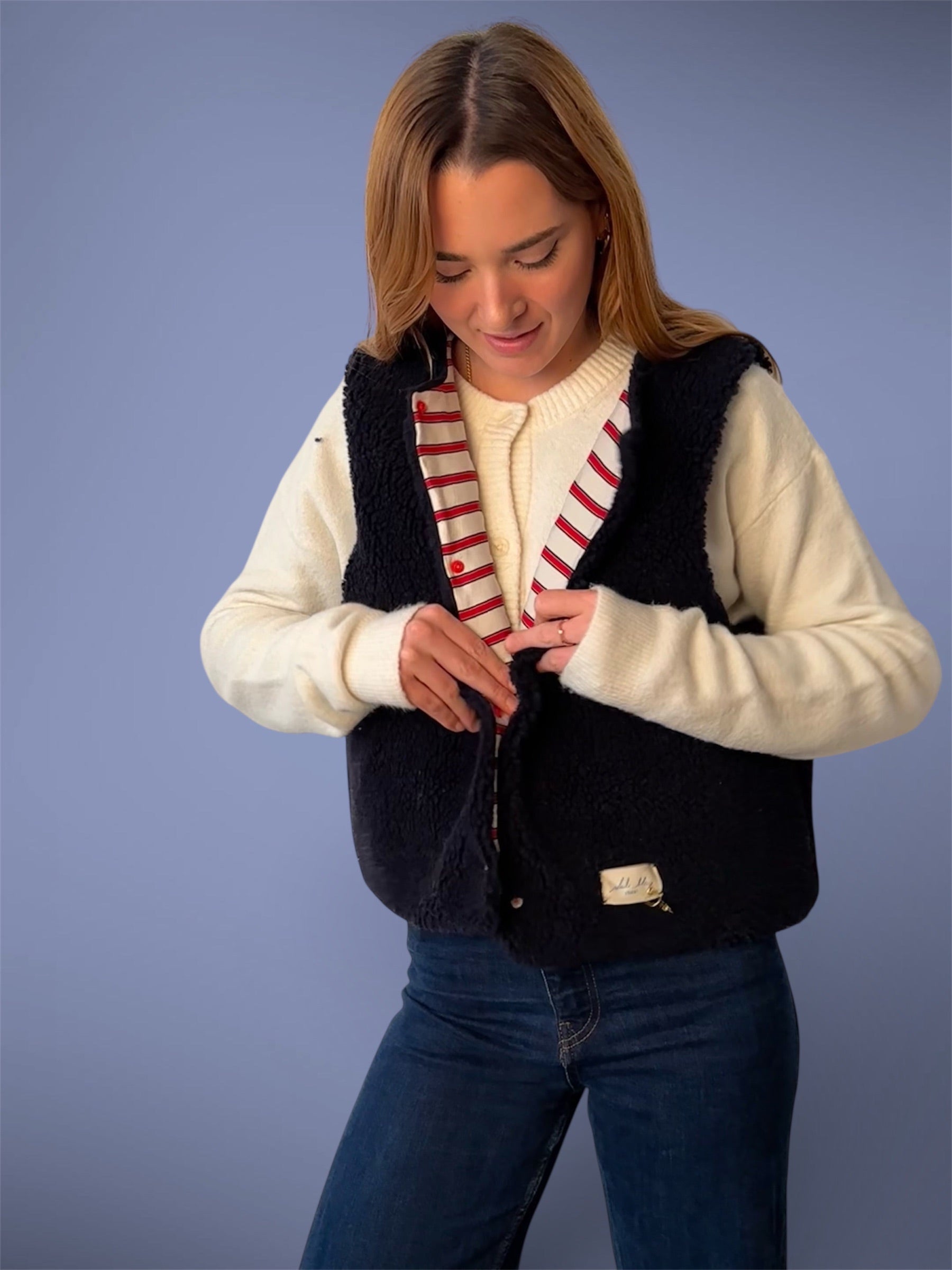 Gilet sherpa marine/rayé rouge