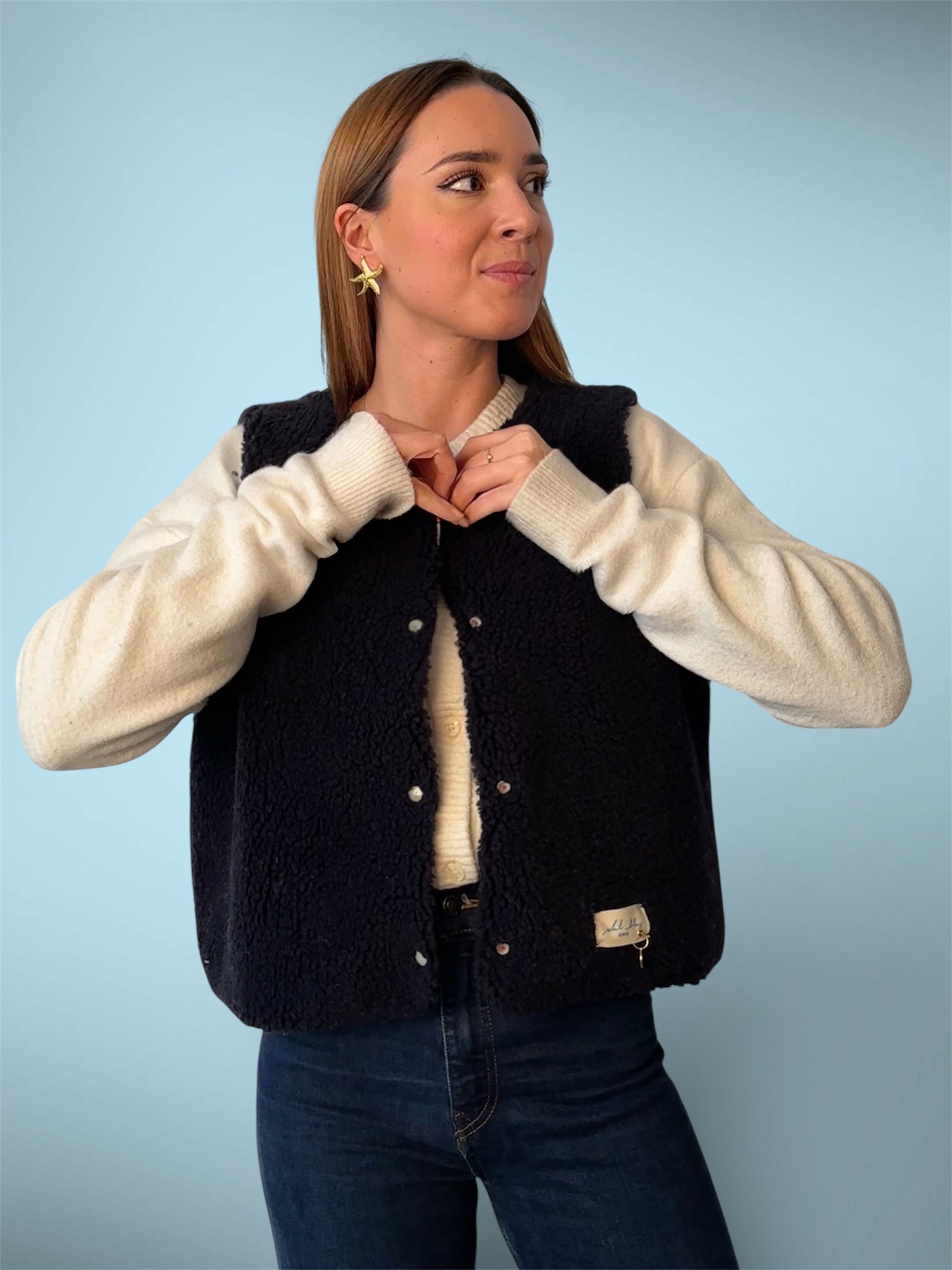 Gilet sherpa marine/rayé rouge