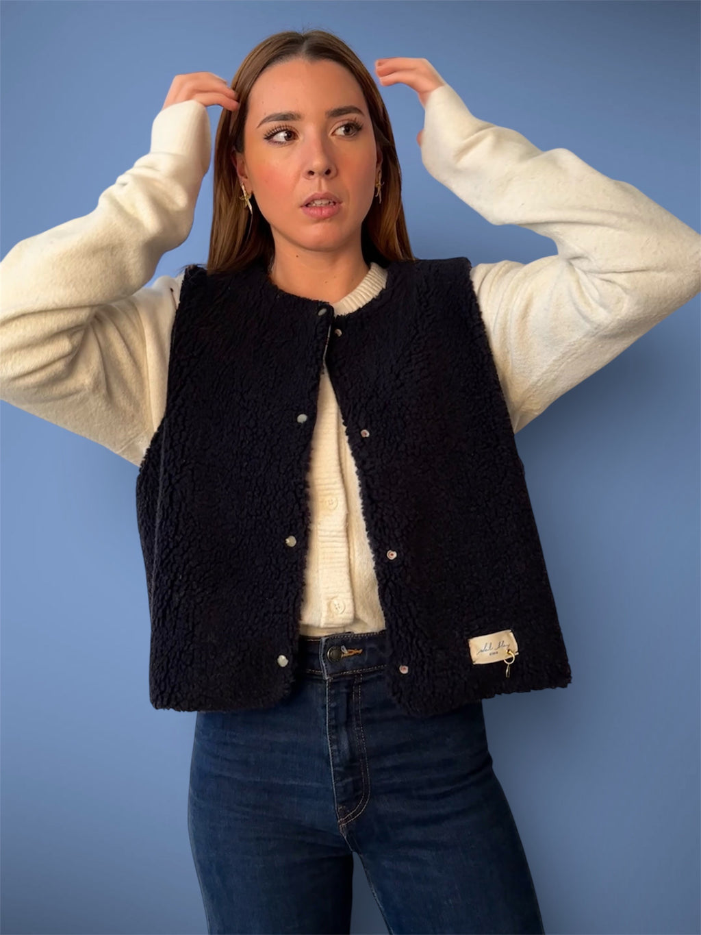 Gilet sherpa marine/rayé rouge