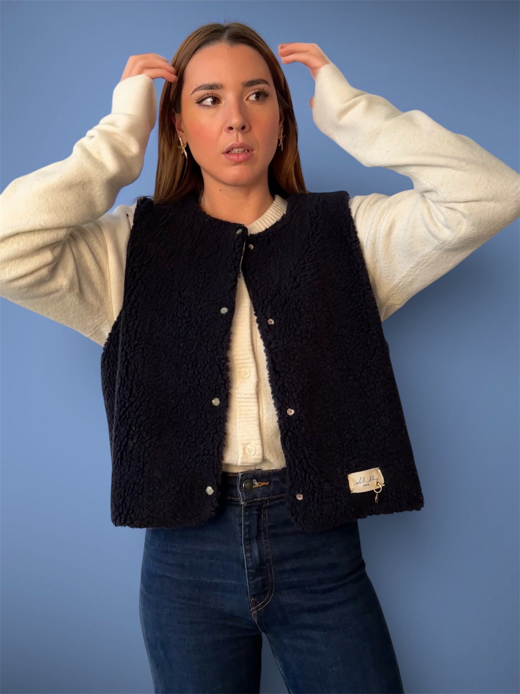 Gilet sherpa marine/rayé rouge