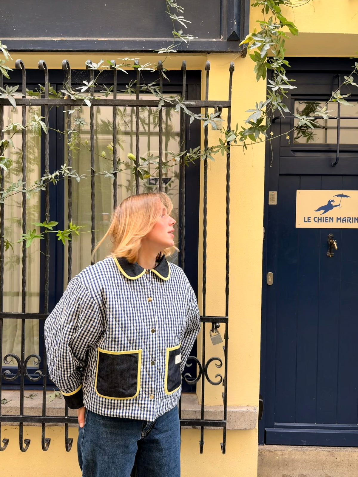 Veste réversible matelassée vichy/jeans/jaune