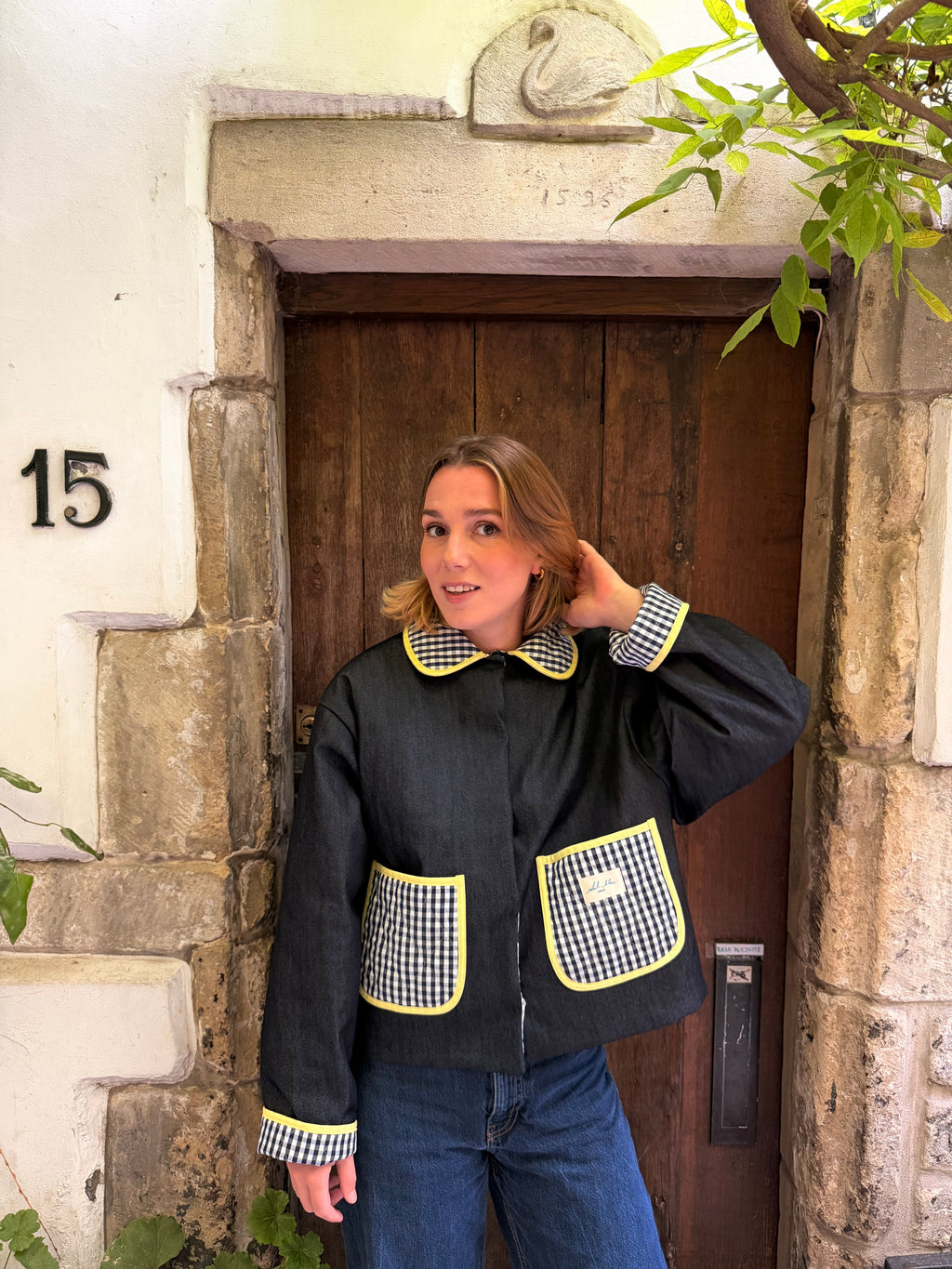 Veste réversible matelassée vichy/jeans/jaune