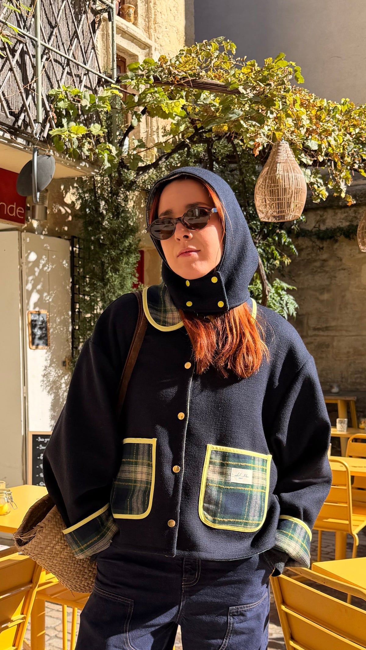Capuche réversible tartan/marine