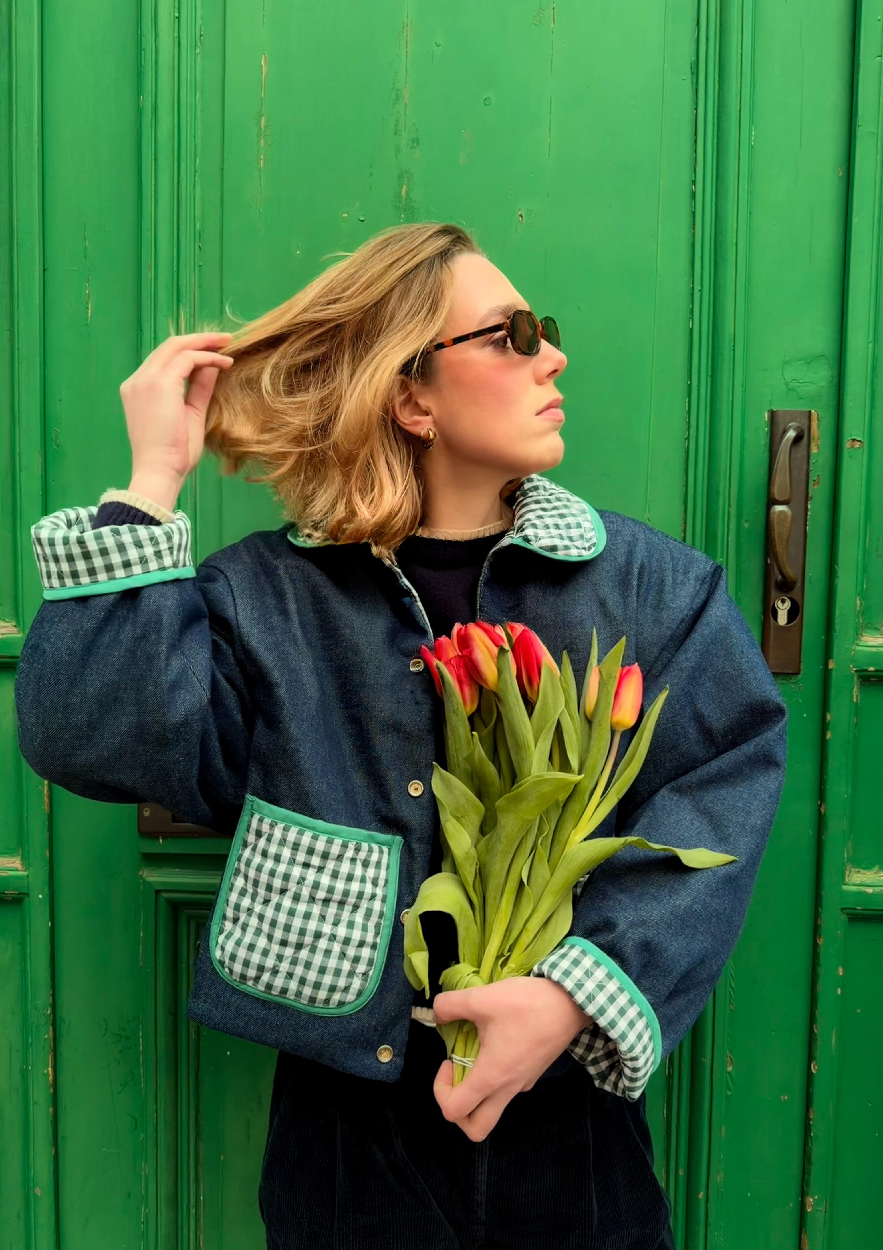 Veste matelassée vichy vert/ jeans