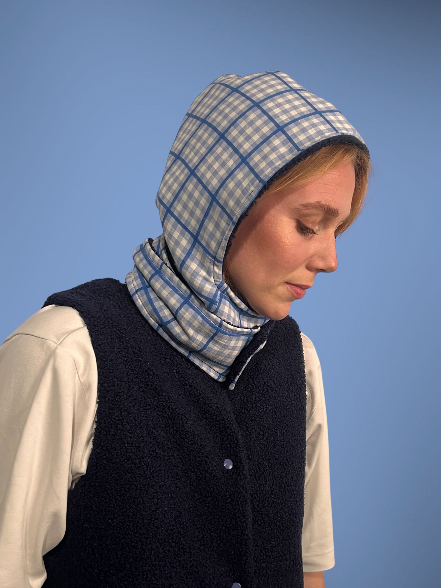 capuche moumoute bleu marine/vichy