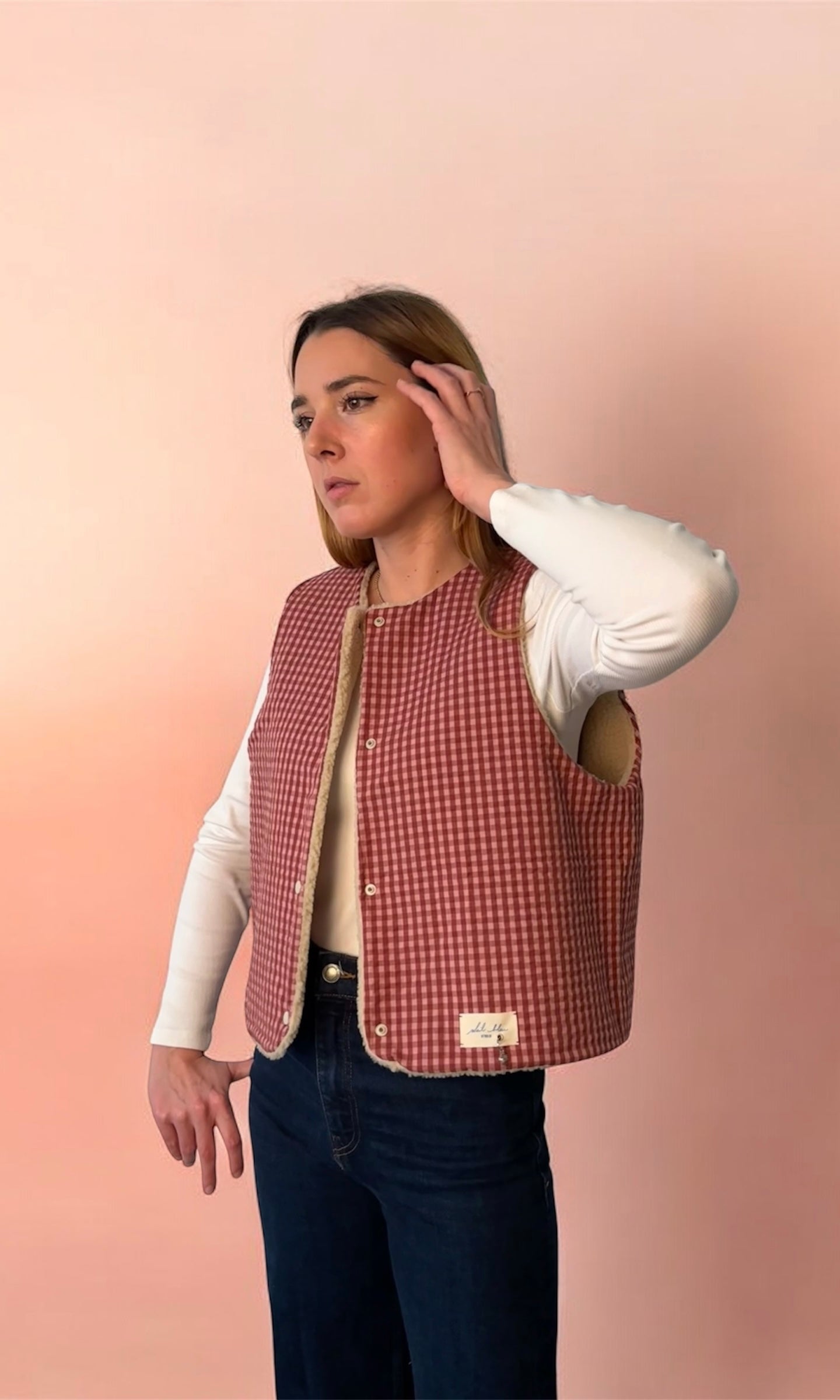 Gilet vichy rose/sherpa beige