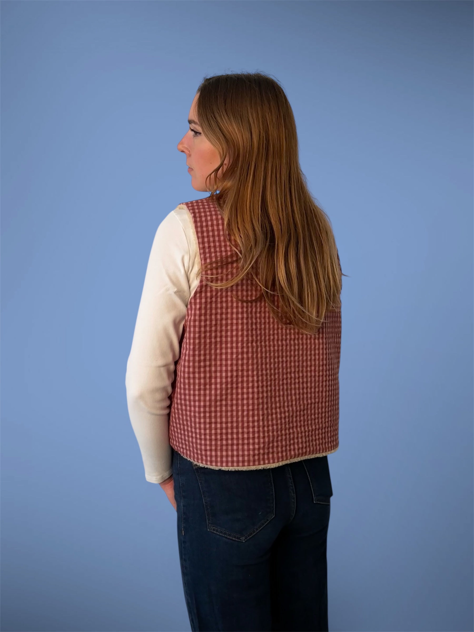 Gilet vichy rose/sherpa beige